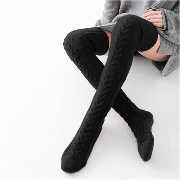 Women's Thigh High Socks Over the Knee Cable Knit Boot Socks, Long Leg Warmer - Picture 5 of 7